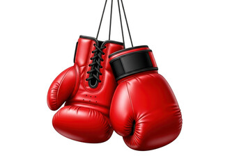 Pair of red leather boxing gloves hanging from ropes isolated on transparent background