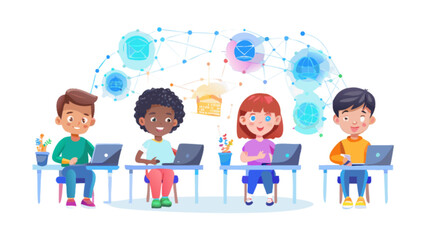 Children learning online education with laptops and internet connection technology vector illustration