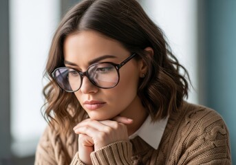 Young woman with glasses looking thoughtful and concerned