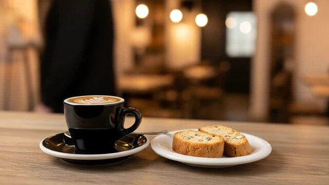 Warm coffee and biscotti on a cafe table, inviting viewers to relax and enjoy the moment