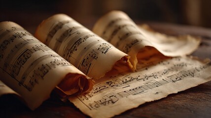 old music manuscript with elegant notes fading in, golden brown textured paper, artistic background, calm lighting, cinematic atmosphere