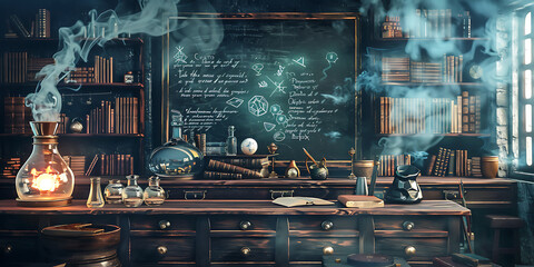 Science Lab with Steaming Beakers, Books, and Chalkboard Equations for a Dynamic Learning Environment

