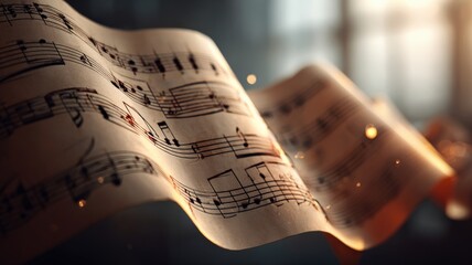 nostalgic music background with flowing sheet notes on old paper, warm lighting and shallow depth of field, soft cinematic movement