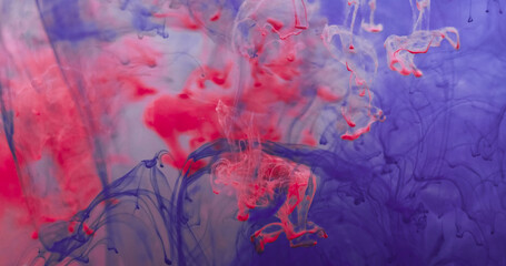 Smoke fluid drip. Ink mix. Red pink violet mist emulsion swirl texture blur water stream. Falling pigment haze fantasy abstract background.