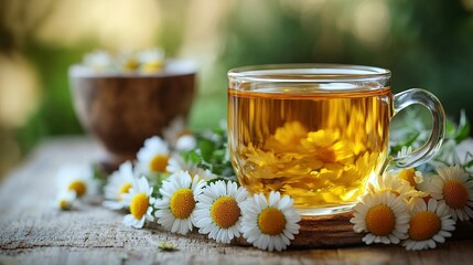 Herbal tea in glass cup with chamomile flowers on wooden surface outdoors.