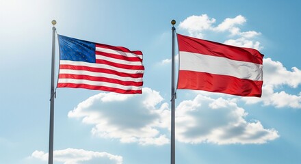 national flags of the United States of America and Austria waving together against a blue, cloudy sky. 