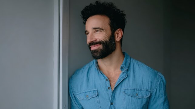 Smiling man with dark hair and beard in a denim shirt looking out a window