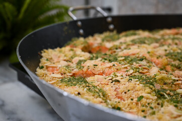 roasted salmon with pesto, fresh baked fish with nuts, gourmet salmon with herb crust, delicious seafood pan
