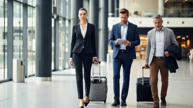 Three professionals in business attire walk through a modern airport terminal with their luggage, one woman leads the way while two men follow, one checking a tablet