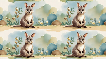 Watercolor kangaroo pattern cute animal art seamless design adorable wildlife illustration repeating background nature theme
