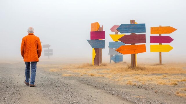 Elderly man Alzheimer disease walks foggy path near colorful wooden signs showing multiple directions confusion and choices