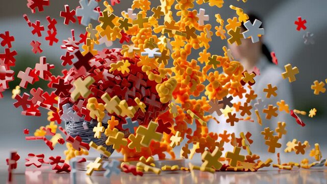 Alzheimer disease concept colorful puzzle pieces forming and exploding brain model symbolizing memory cognitive decline and brain