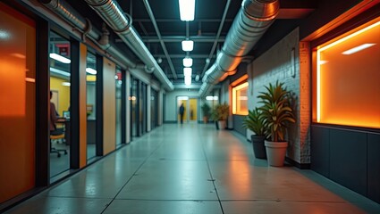 Modern office corridor with vibrant orange accents.