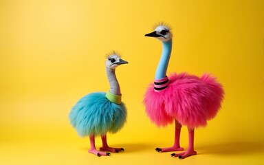 Obraz premium Creative animal concept. emu bird,vibrant bright fashionable outfits isolated on solid background advertisement with copy space. birthday party invite invitation banner. High quality
