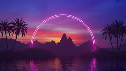 Neon Arch Over Tropical Sunset With Palm Trees And Water Reflection circle glowing