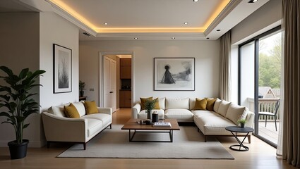 Fototapeta premium Modern living room with comfortable furnishings and natural light.