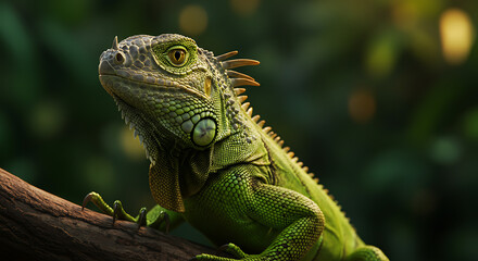 Obraz premium Green Iguana Climbing on Tree Branch in Natural Habitat