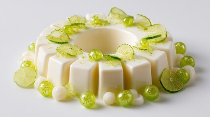 A pristine white, ring-shaped dessert, segmented and adorned with lime slices, green and white spheres, and a light green sprinkle.  The dessert sits on a plain white background