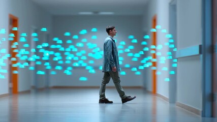 Man walking hospital corridor with glowing blue digital particles and brain icons symbolizing alzheimer disease memory loss - Powered by Adobe