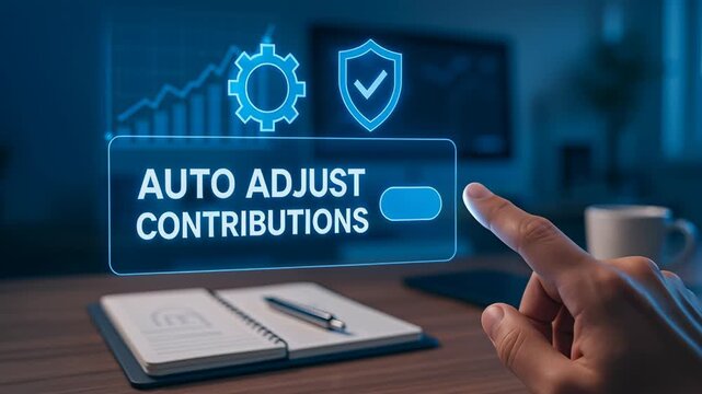 Auto adjust contributions concept combining life insurance, retirement planning, and financial growth for secure future and peace of mind benefits