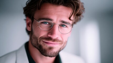 Obraz premium Close up portrait of a smiling man wearing round glasses and a light jacket