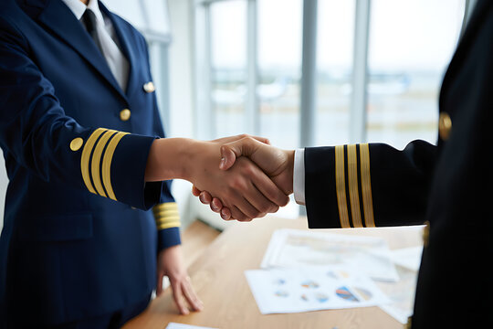 Two pilots in uniform shaking hands in agreement - Powered by Adobe