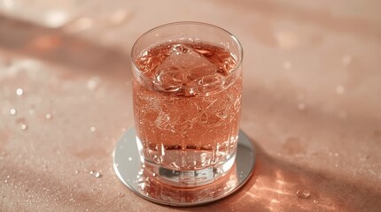 Elegant Rosé Cocktail Glass with Ice: Refreshing and Colorful Beverage Close-up on Tabletop Barware for Party