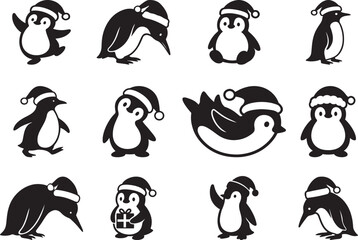 Penguins with Santa hats set in flat black silhouette vector illustration bundle for Christmas holiday designs
