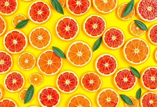 Vibrant yellow background with a seamless pattern of juicy orange slices,  abstract,  healthy - Powered by Adobe