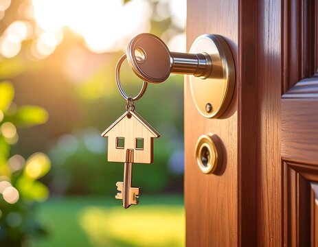 A house key with a small house charm is in a door lock.  Warm sunlight illuminates a blurred garden
