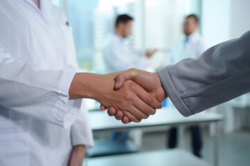 Fototapeta premium Medical professionals shaking hands in a modern hospital or clinic setting