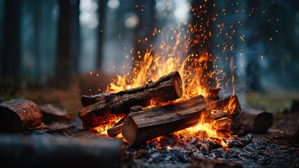 macro view of crackling firewood in campfire, glowing coals, sparks flying, soft background blur, peaceful wilderness vibe