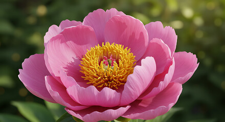 Stunning Pink Peony Blooms With Bright Yellow Center In Sunlight