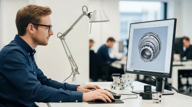 A focused engineer wearing glasses works on a complex 3d model of a mechanical part on his computer in a modern office