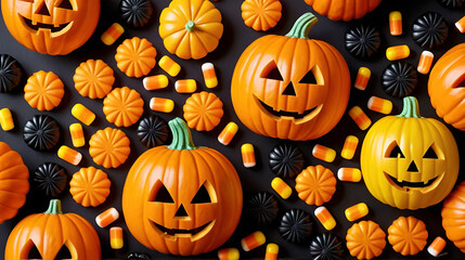 A colorful assortment of Halloween-themed candies, including a pumpkin-shaped candy with a jack-o'-lantern face, surrounded by various other candies in orange, yellow, and black.