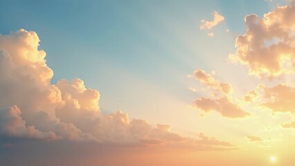 Fototapeta premium Sunset sky background with golden clouds, warm sunlight, and soft blue tones in a peaceful evening horizon