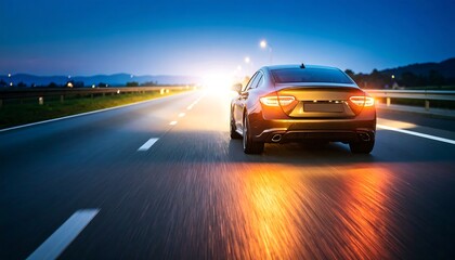 A dark gray car on a highway at twilight