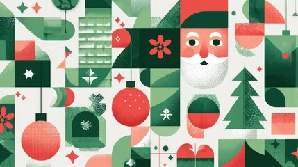 Geometric Christmas pattern with Santa, ornaments, trees, and abstract shapes in red, green, and white
