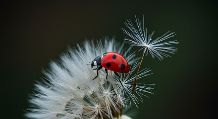Obraz premium Bright Red Ladybug on Dandelion Seed Head Against Dark Background