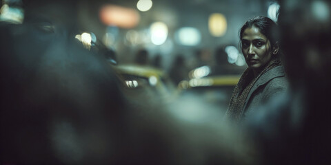 Indian woman looking intensely while walking on a busy street 