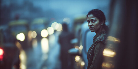 Indian woman looking at camera on a busy street of Mumbai