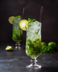 Refreshing cocktail with lime mint and ice in a tall glass showcasing vibrant colors artistic presentation and perfect for summer parties and outdoor