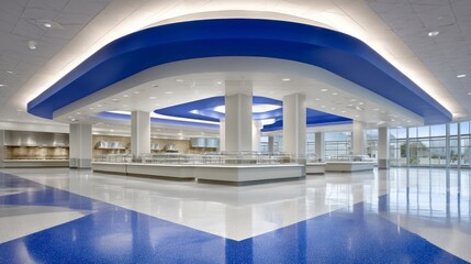 Obraz premium Modern cafeteria with large windows bright lighting and colorful flooring