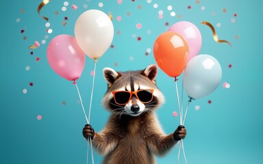 Funny cute raccoon wearing sunglasses holding happy birthday balloons and confetti explosion flying around greeting card on blue background with copy space. High quality