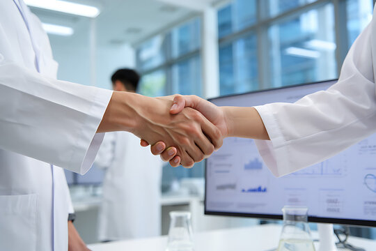 Two scientists in lab coats shaking hands in a modern laboratory setting