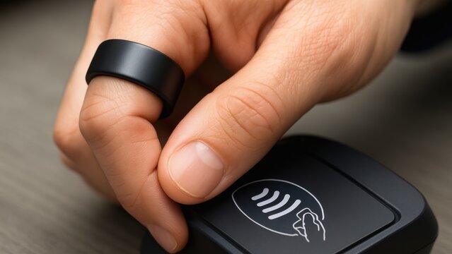 AI driven payment solution concept Close-up of a hand using a contactless payment ring on a payment terminal.