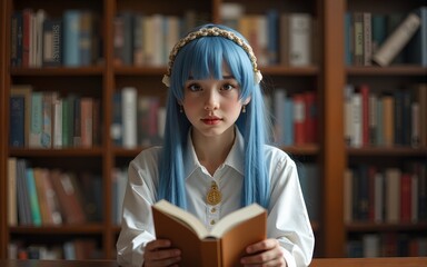 Cosplay model poses in a library setting while engaging with an open book during a creative photo shoot. High quality