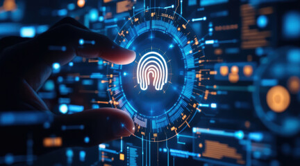 AI driven payment solution concept Futuristic hand interacting with a digital fingerprint scanning interface.
