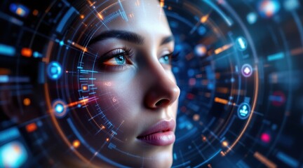 AI driven payment solution concept A futuristic profile of a woman surrounded by digital elements and technology.