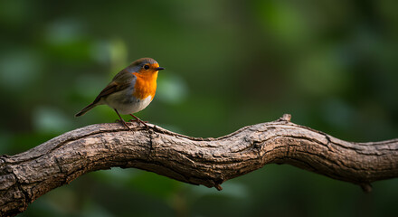 Fototapeta premium European Robin perched on a textured tree branch with blurred green background